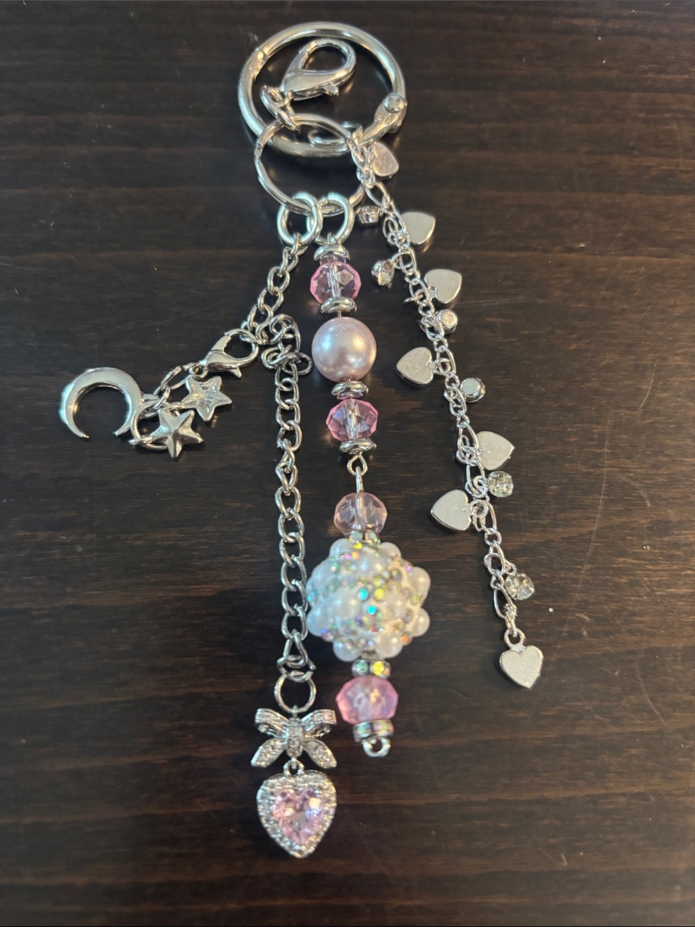 Silver-Tone Pink Heart & Crystal Charm keychain